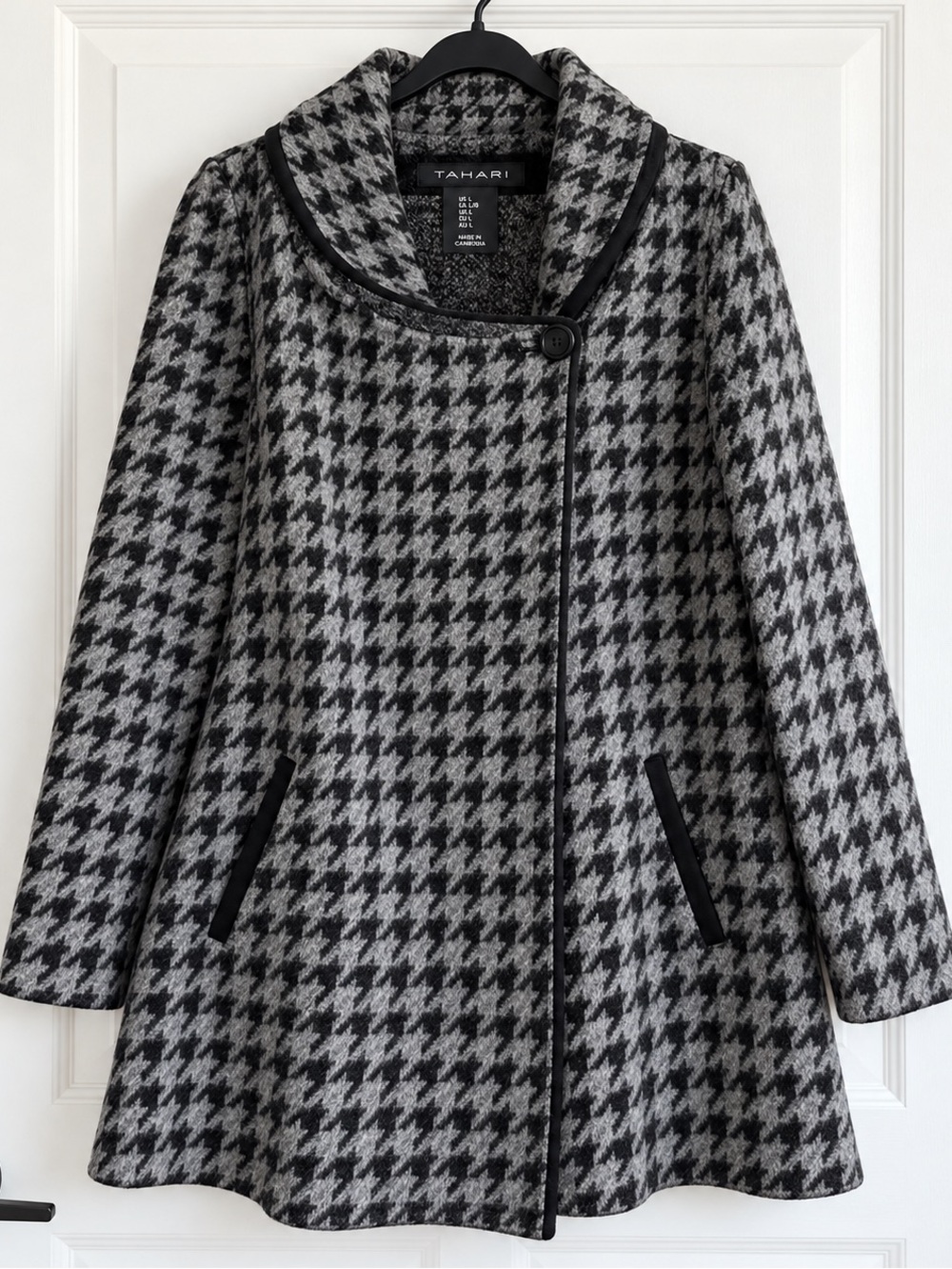 Tahari Houndstooth Long Cardigan Coat Black Gray Wool Blend Size L